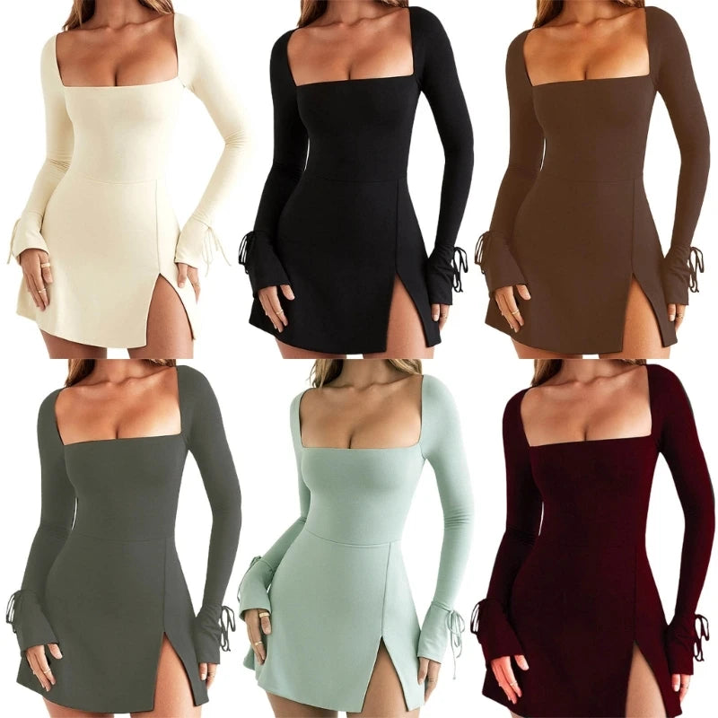 Womens Square Neck Work Business Cocktail Bodycon Sheath 2023 New Solid Color Skirt Long Sleeve for Parties N7YD